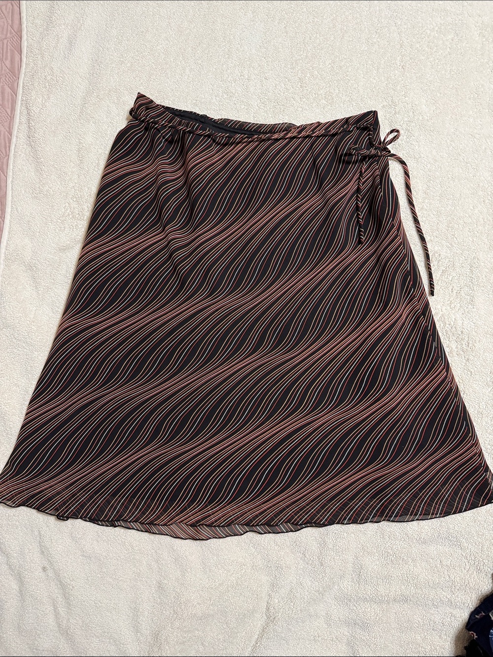 Black Wave-Stripe A-Line Wrap Skirt with Pink & Cream Accents